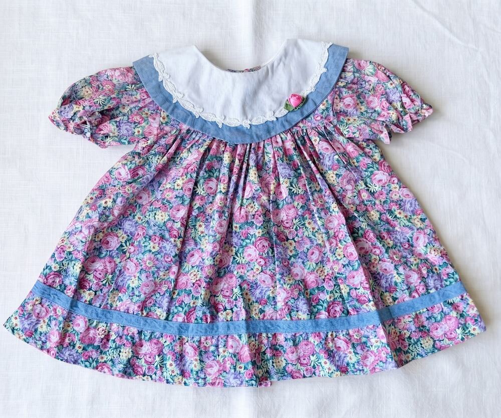 90's Baby Girl Dress Vintage 12 Month Floral Rose Print Chambray Lace Collar